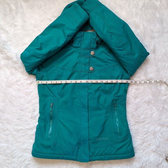 Marmot Portillo Insulated Jacket Blue Green Teal Hooded Snap Coat Women's Small - Picture 12 of 16